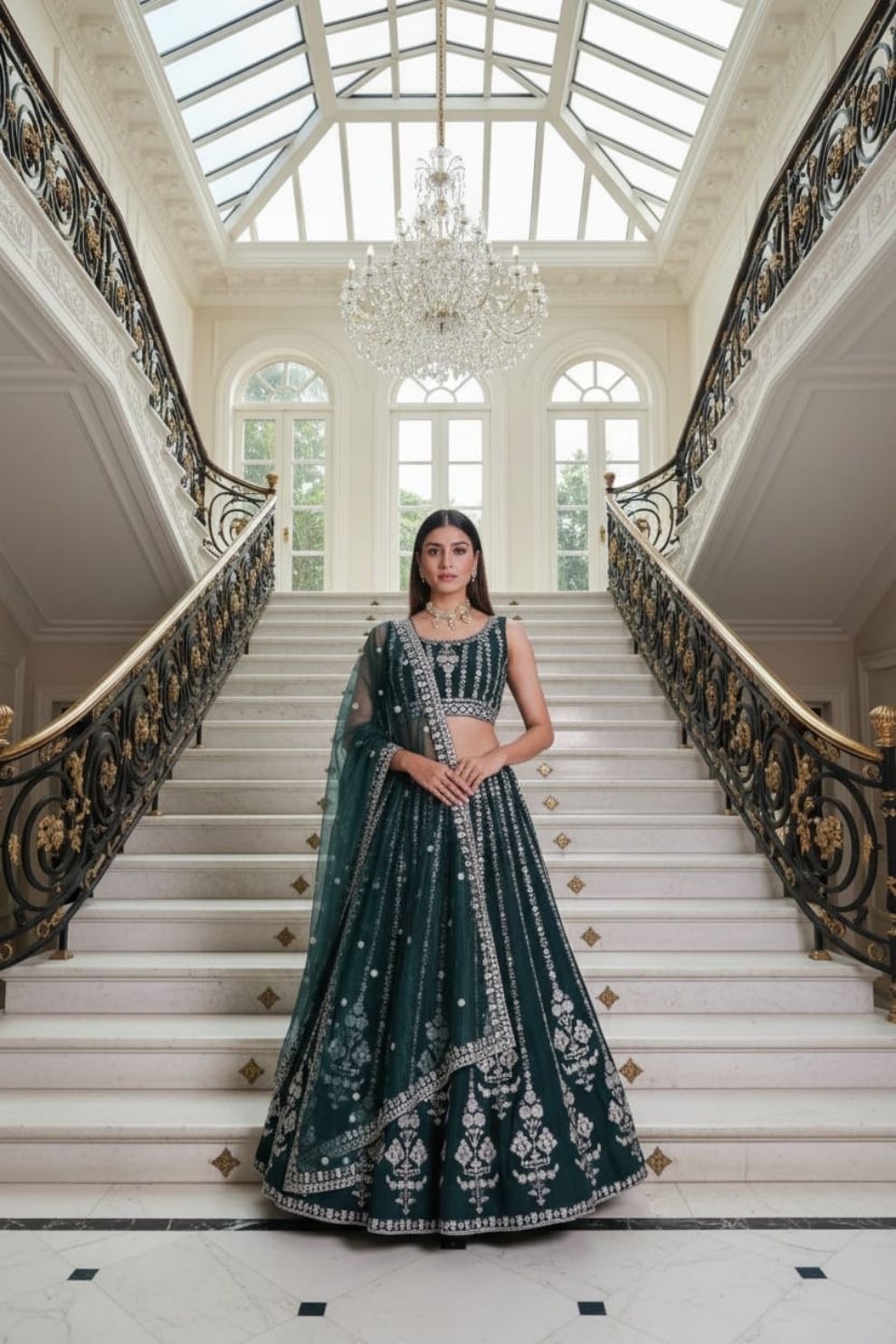 Bottle Green Georgette Lehenga Choli with Intricate Dori, Sequins, and Zari Embroidery