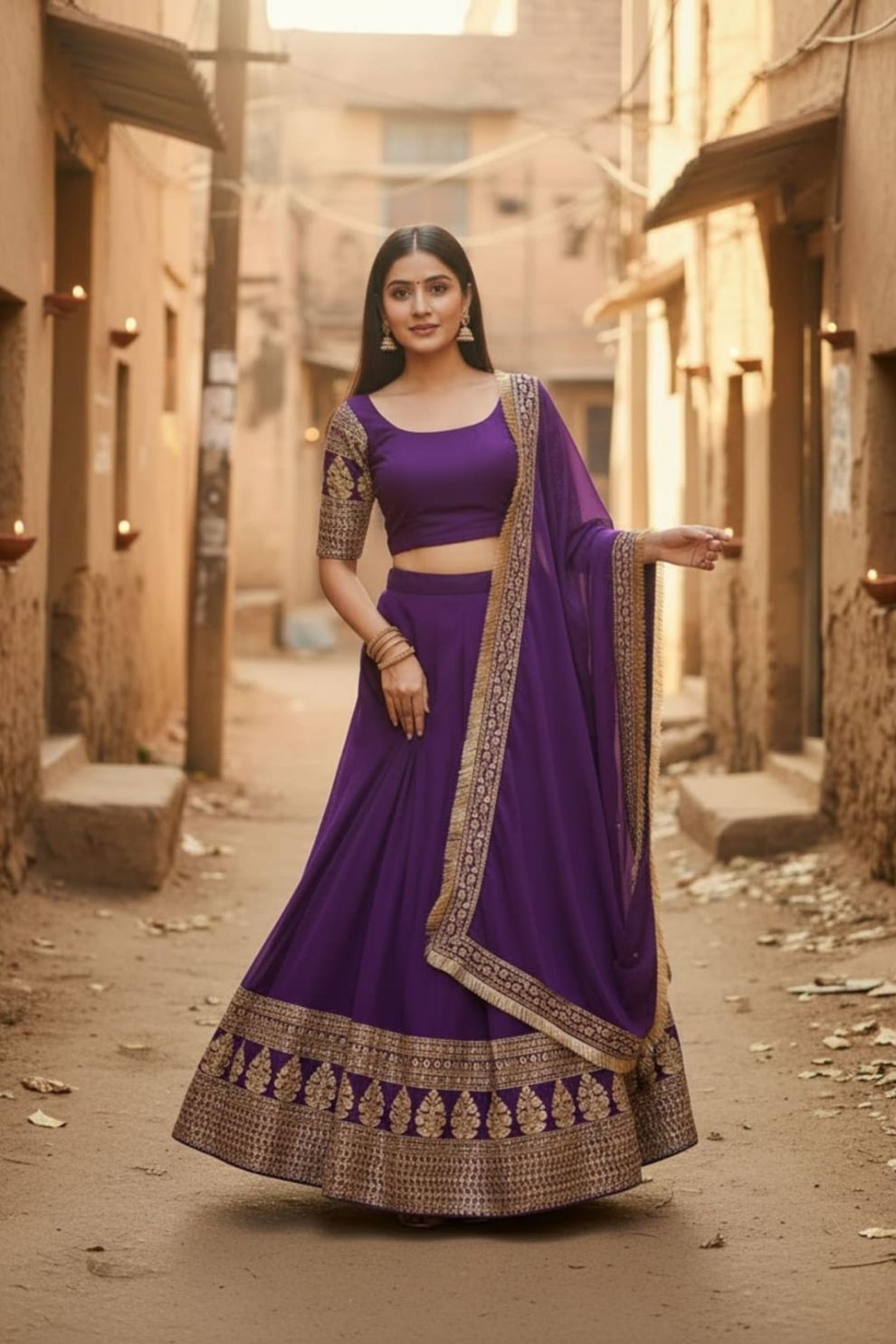 Semi-Stitched Purple Georgette Wedding Lehenga with Gold Zari Border