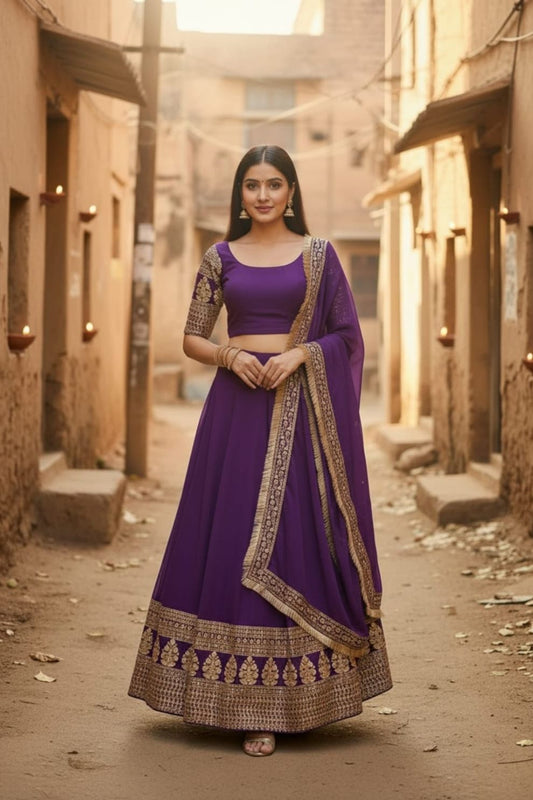 Semi-Stitched Purple Georgette Wedding Lehenga with Gold Zari Border