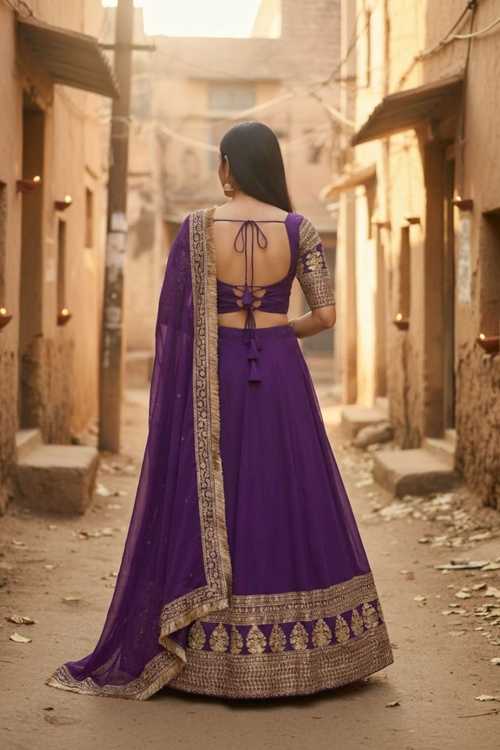 Semi-Stitched Purple Georgette Wedding Lehenga with Gold Zari Border