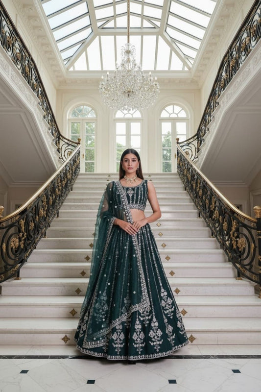 Bottle Green Georgette Lehenga Choli with Intricate Dori, Sequins, and Zari Embroidery