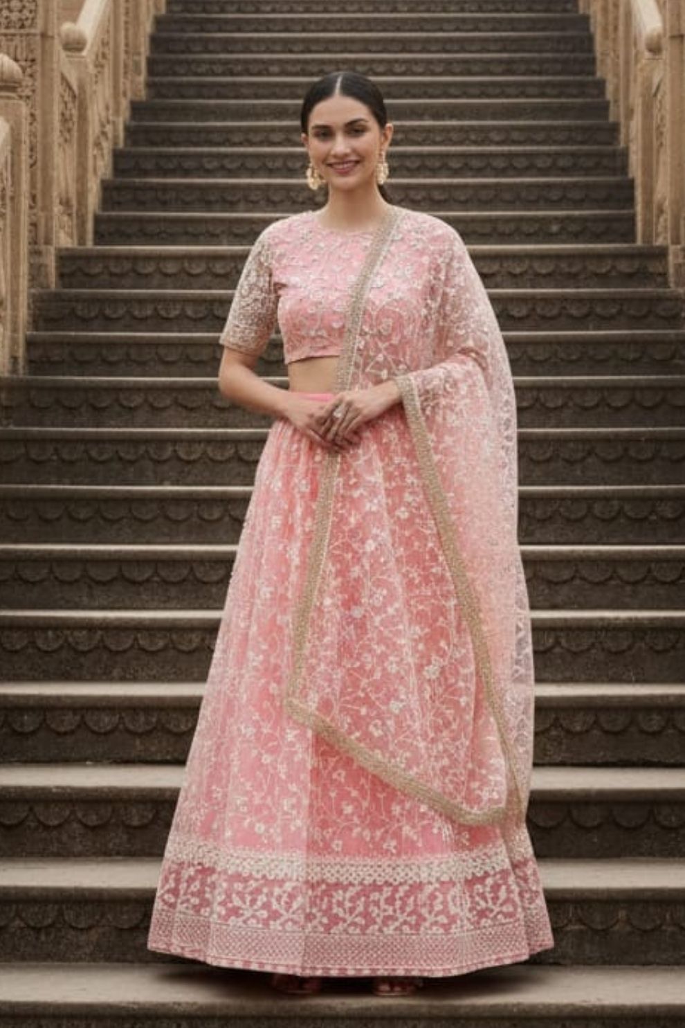 Pure georgette Light Pink Elegant Butterfly Net Lehenga with Intricate Embroidery