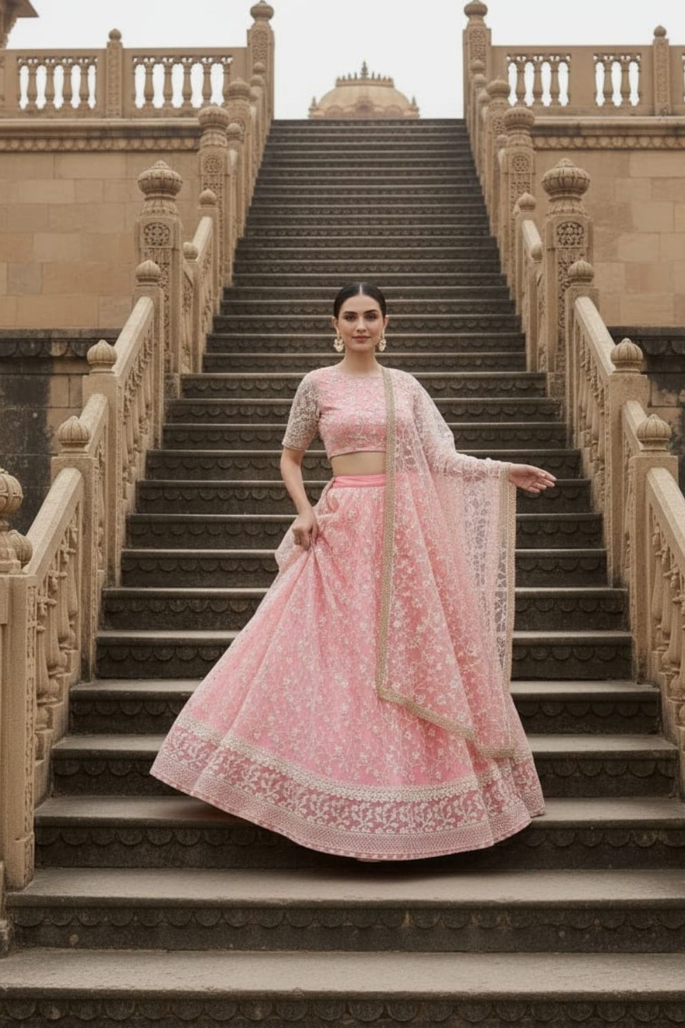 Pure georgette Light Pink Elegant Butterfly Net Lehenga with Intricate Embroidery