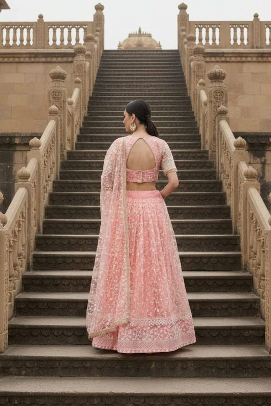 Pure georgette Light Pink Elegant Butterfly Net Lehenga with Intricate Embroidery