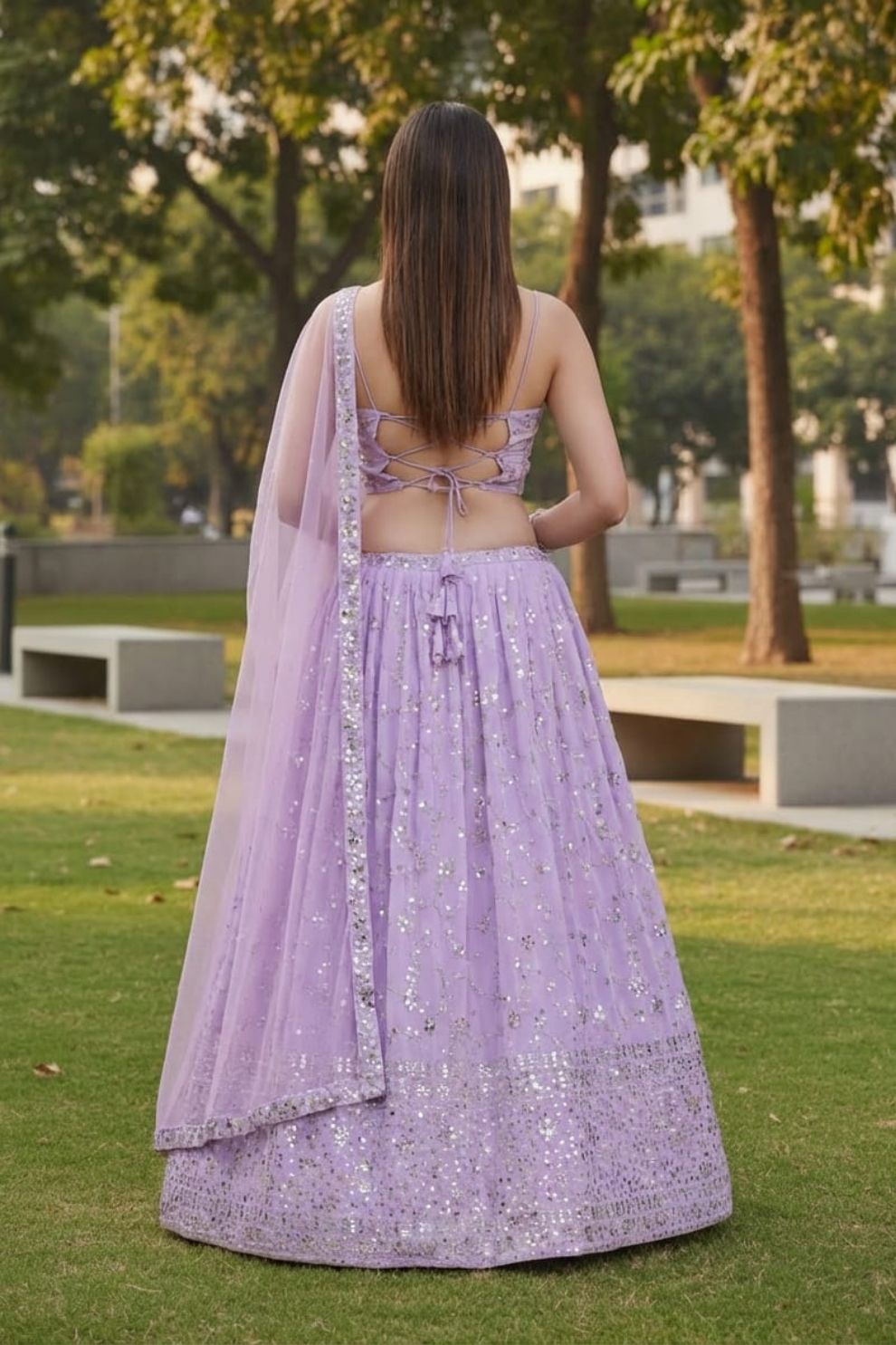Lavender Georgette Thread and Sequins Embroidered Lehenga Choli