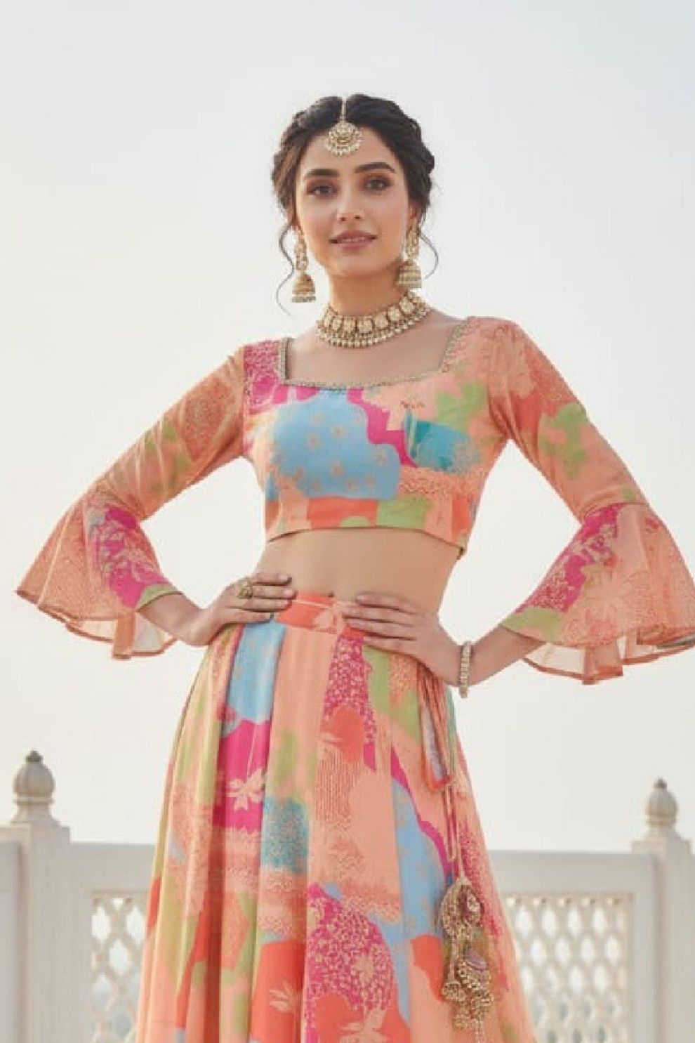 Peach & Blue Digital Printed Georgette Indo-Western Lehenga Set