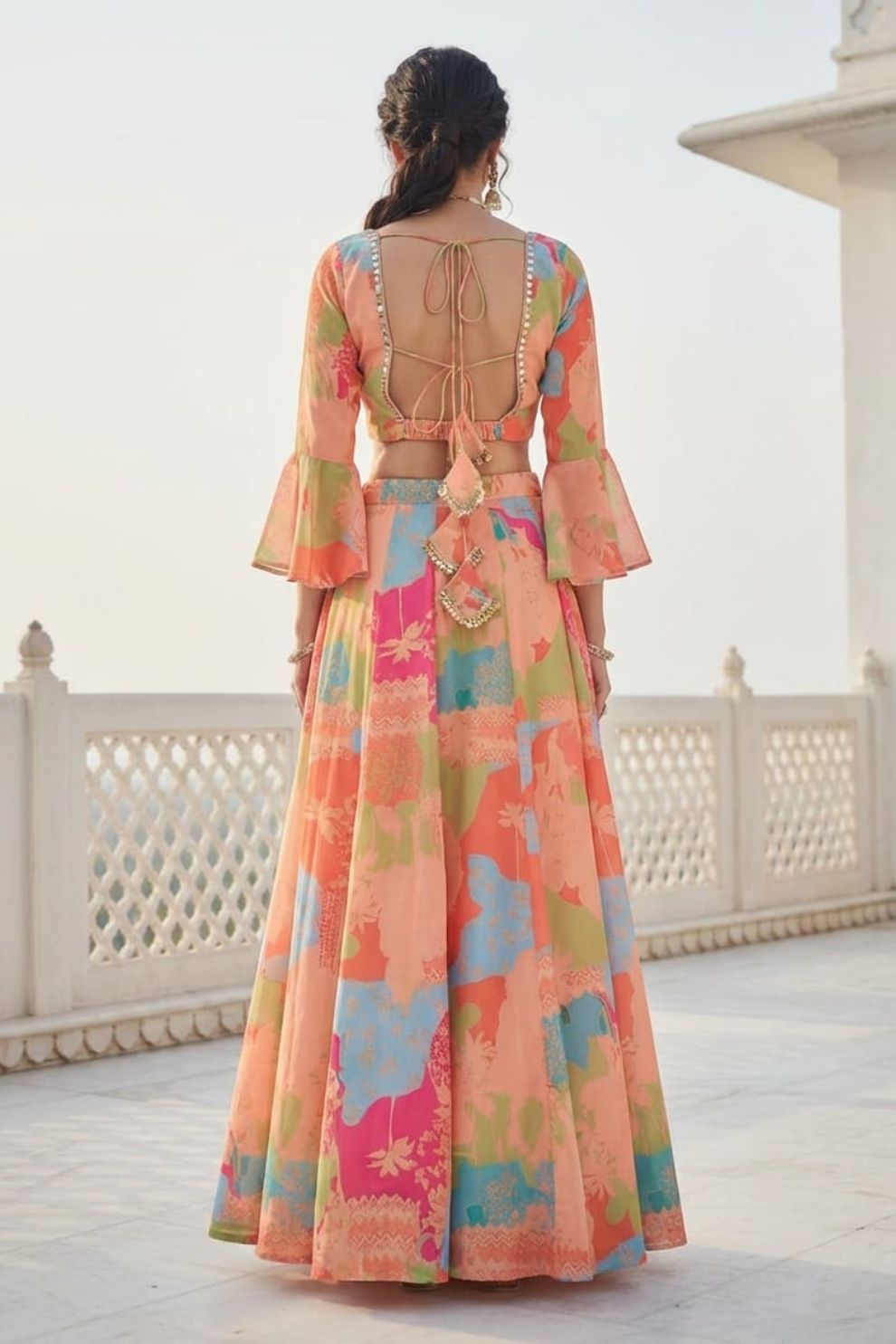 Peach & Blue Digital Printed Georgette Indo-Western Lehenga Set