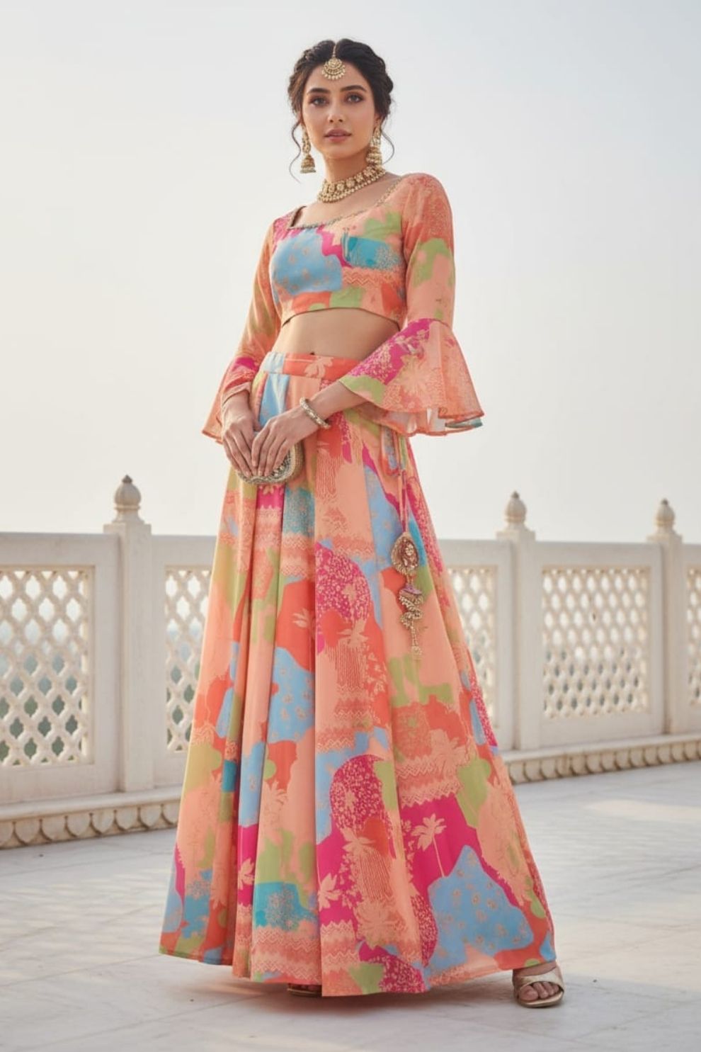 Peach & Blue Digital Printed Georgette Indo-Western Lehenga Set