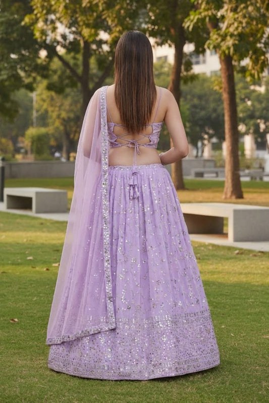 Lavender Georgette Thread and Sequins Embroidered Lehenga Choli