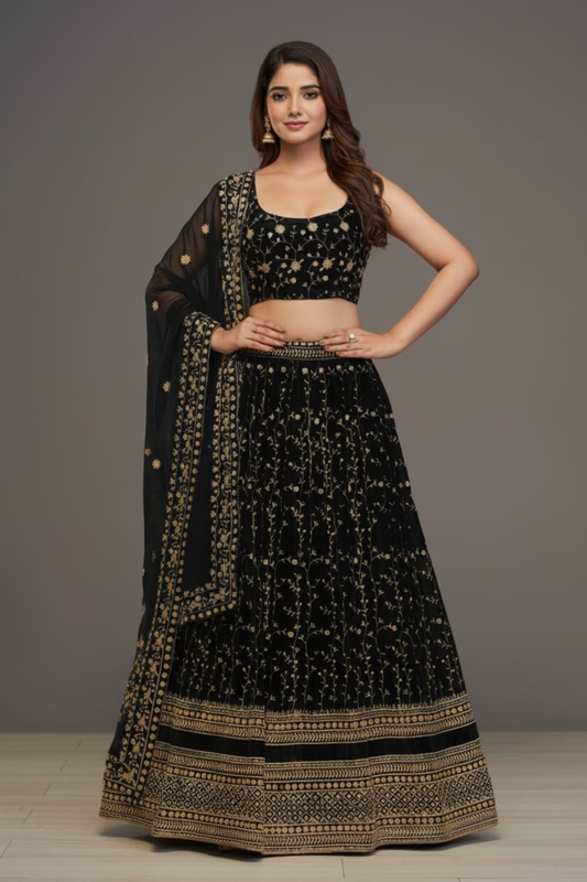 Black Zari Embroidered Flared Lehenga Choli with Floral Design