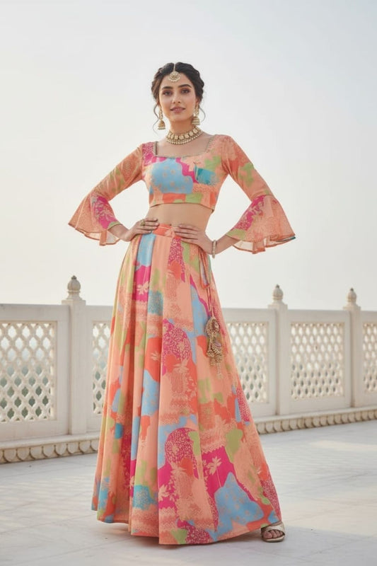 Peach & Blue Digital Printed Georgette Indo-Western Lehenga Set