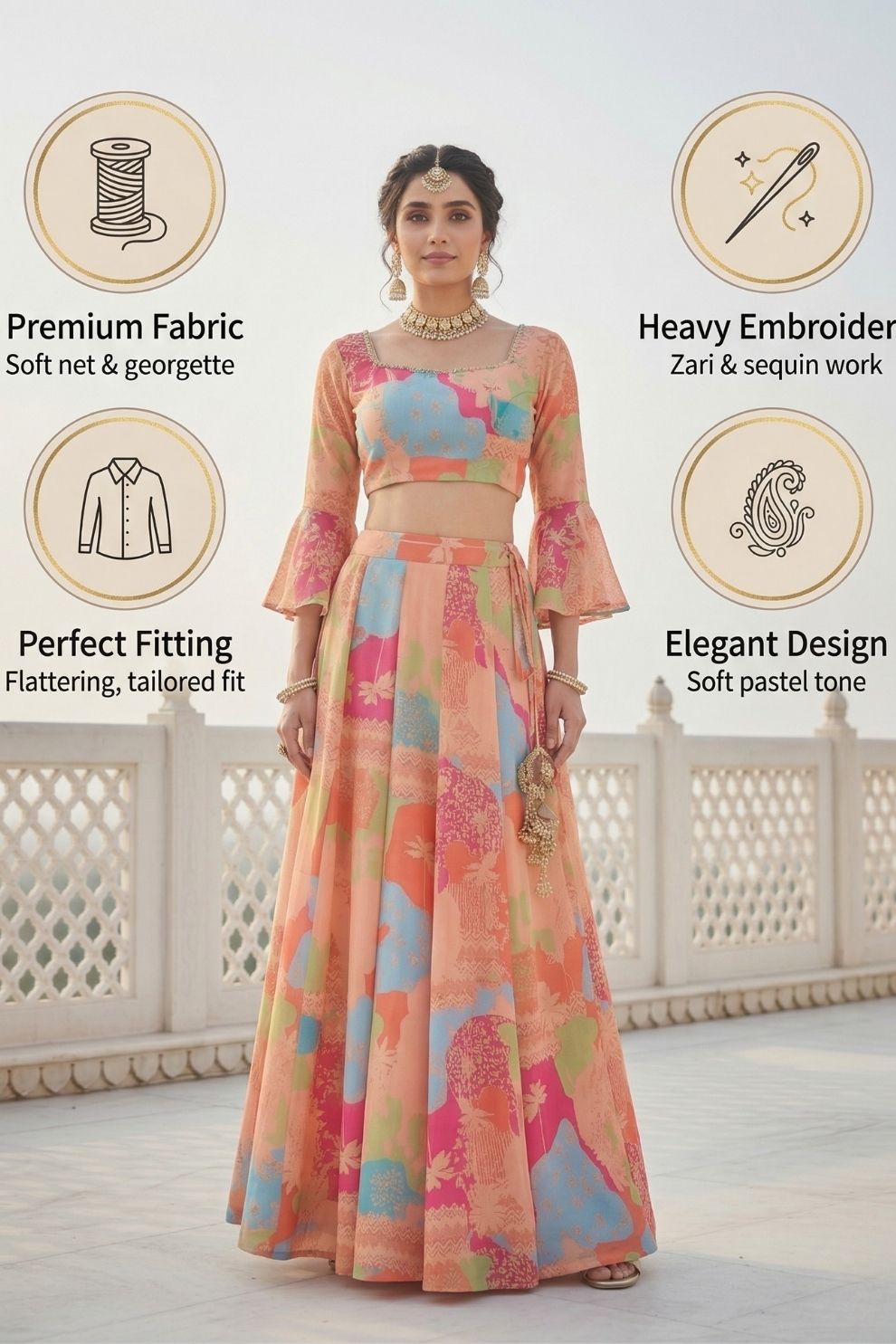 Peach & Blue Digital Printed Georgette Indo-Western Lehenga Set