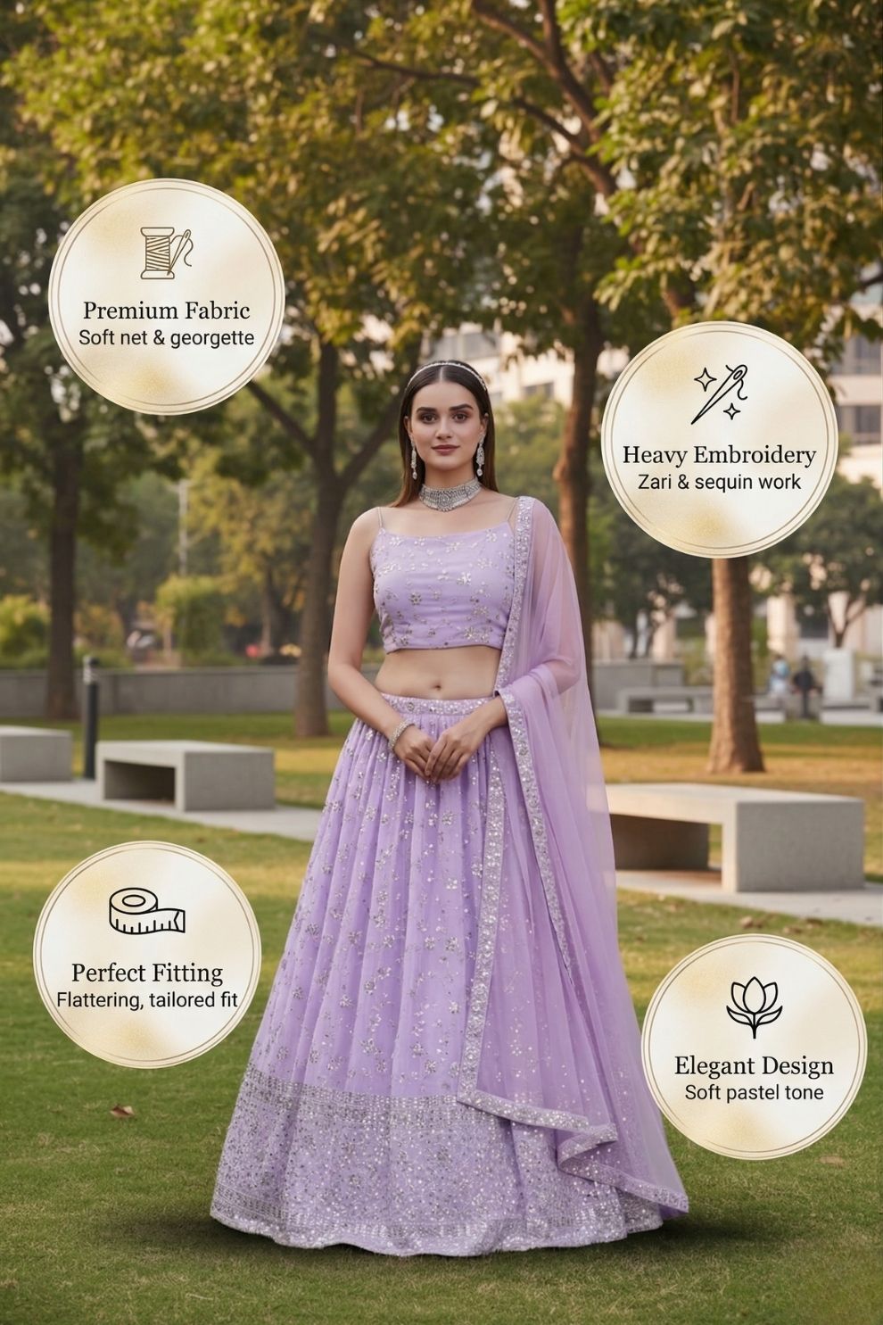 Lavender Georgette Thread and Sequins Embroidered Lehenga Choli