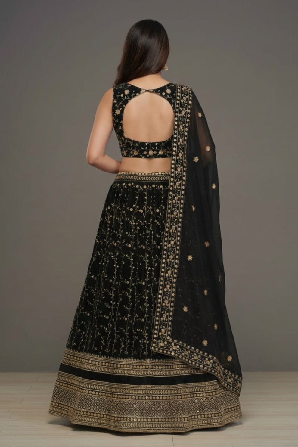 Black Zari Embroidered Flared Lehenga Choli with Floral Design