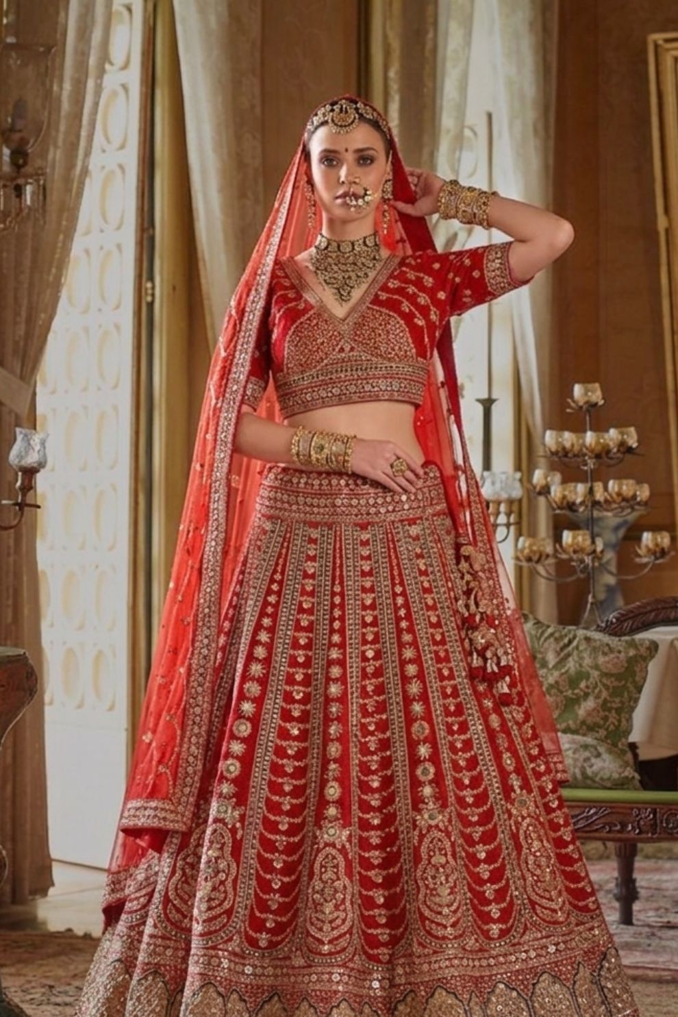 Heritage Red Silk Bridal Lehenga Heavy Zari Stone Embroidery Elegant