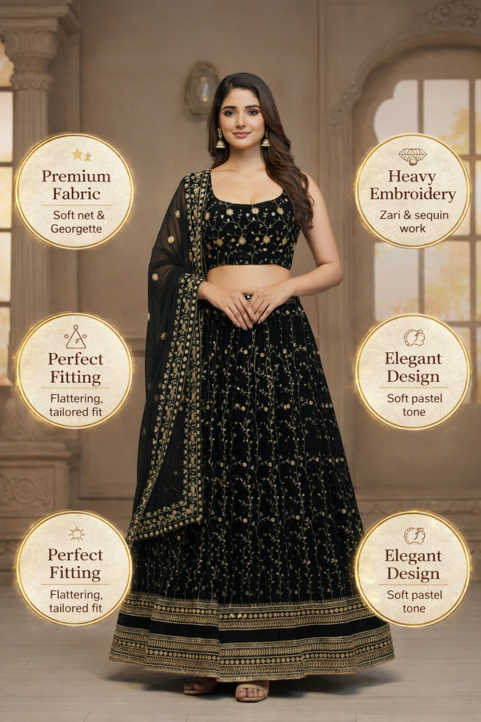 Black Zari Embroidered Flared Lehenga Choli with Floral Design