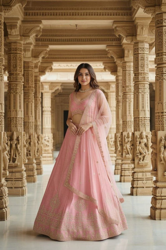 Semi-Stitched Blush Pink Silk Lehenga with Intricate Botanical Embroidery