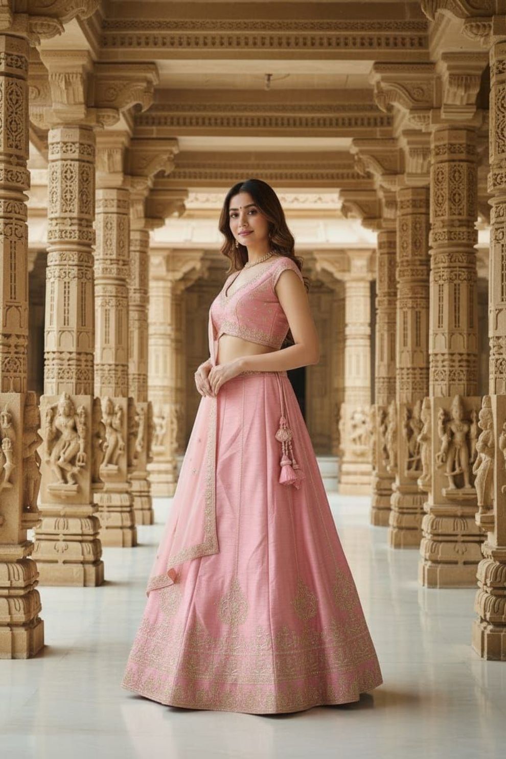 Semi-Stitched Blush Pink Silk Lehenga with Intricate Botanical Embroidery