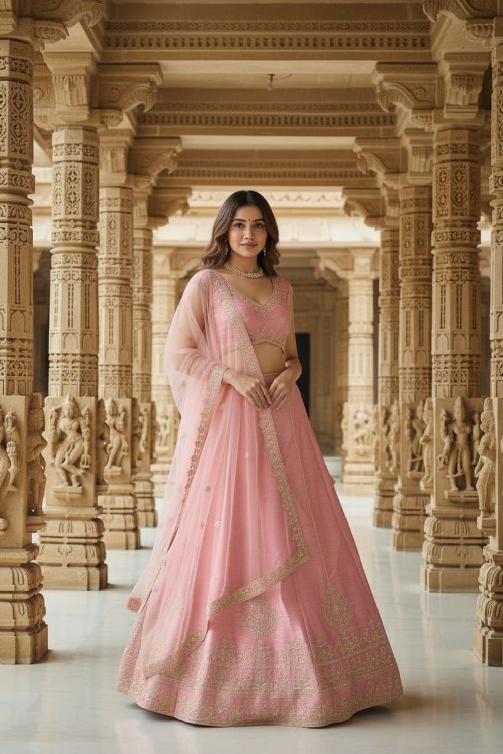 Semi-Stitched Blush Pink Silk Lehenga with Intricate Botanical Embroidery