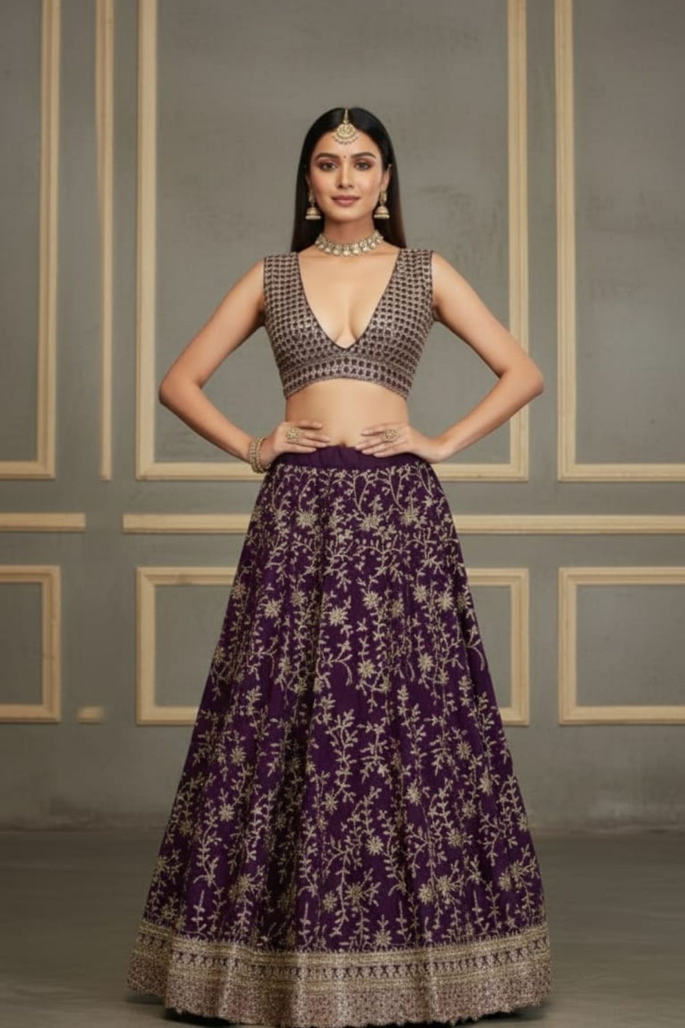 Designer Purple Reception Lehenga with Intricate Vine Embroidery