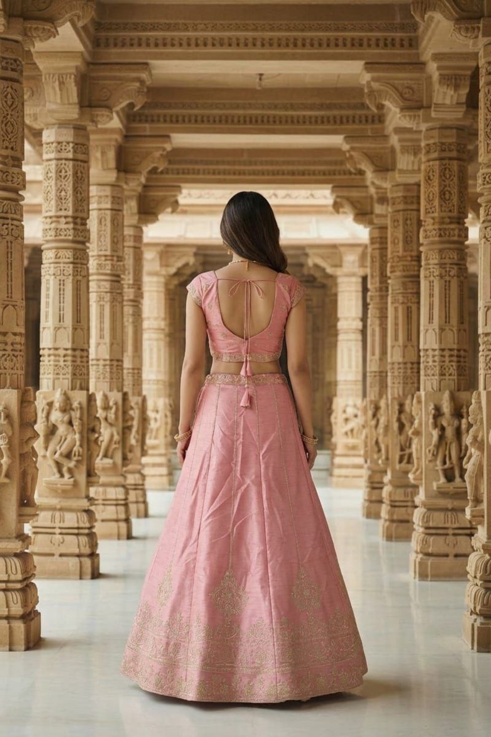 Semi-Stitched Blush Pink Silk Lehenga with Intricate Botanical Embroidery