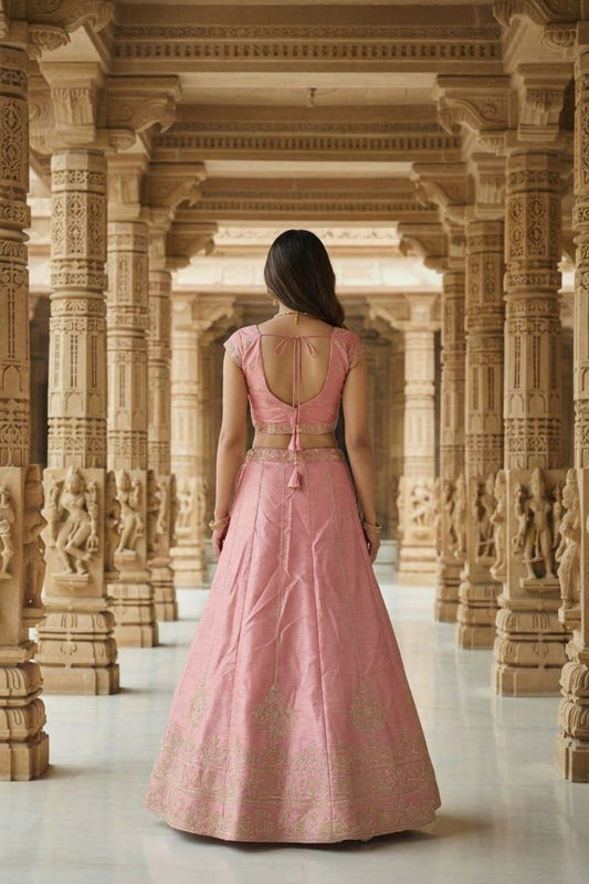Semi-Stitched Blush Pink Silk Lehenga with Intricate Botanical Embroidery