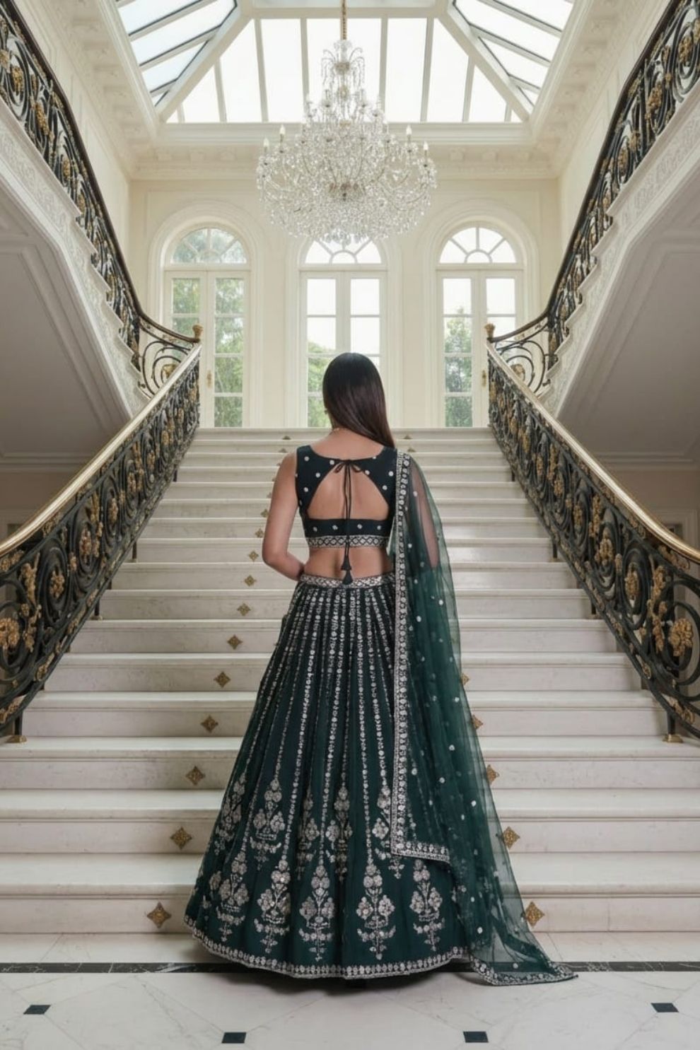 Bottle Green Georgette Lehenga Choli with Intricate Dori, Sequins, and Zari Embroidery
