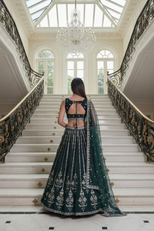 Bottle Green Georgette Lehenga Choli with Intricate Dori, Sequins, and Zari Embroidery