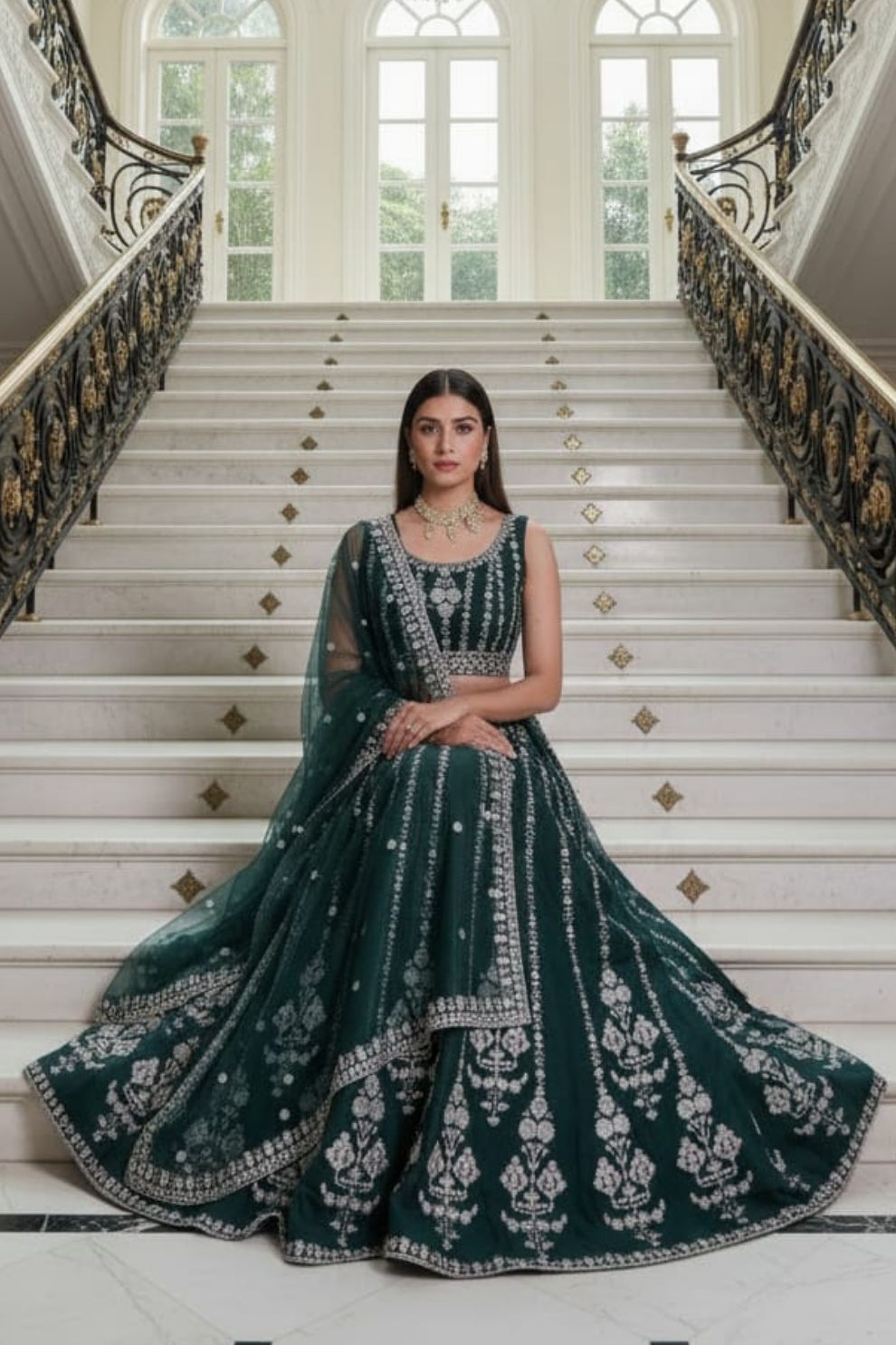 Bottle Green Georgette Lehenga Choli with Intricate Dori, Sequins, and Zari Embroidery