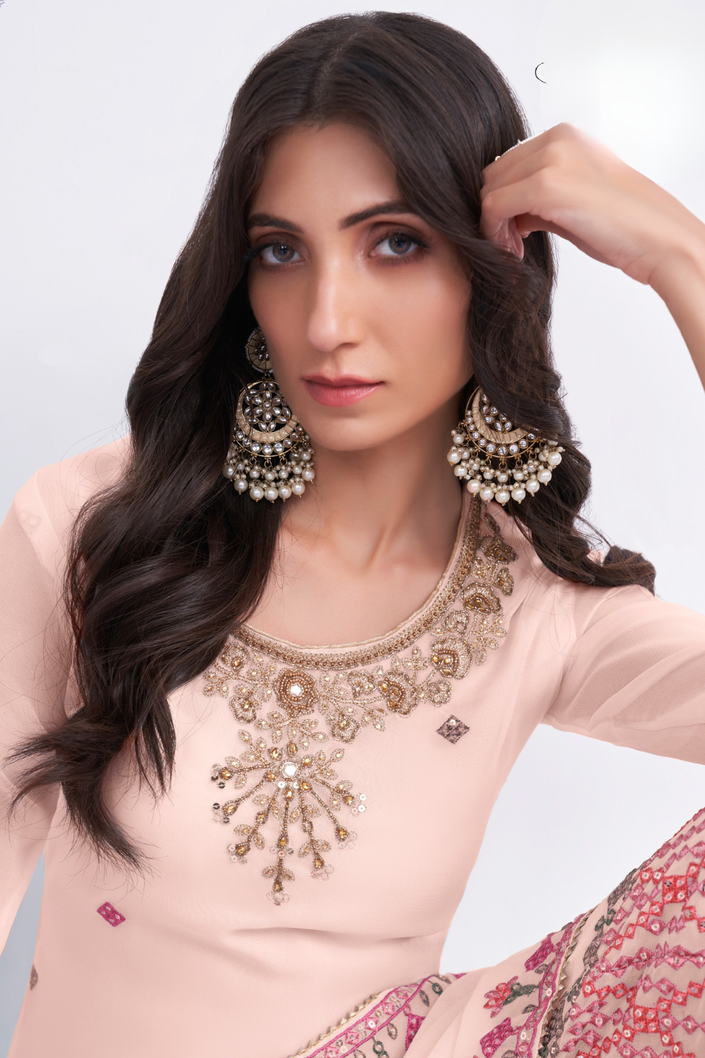 Elegant Peach Thread Embroidered Sharara Suit in Georgette