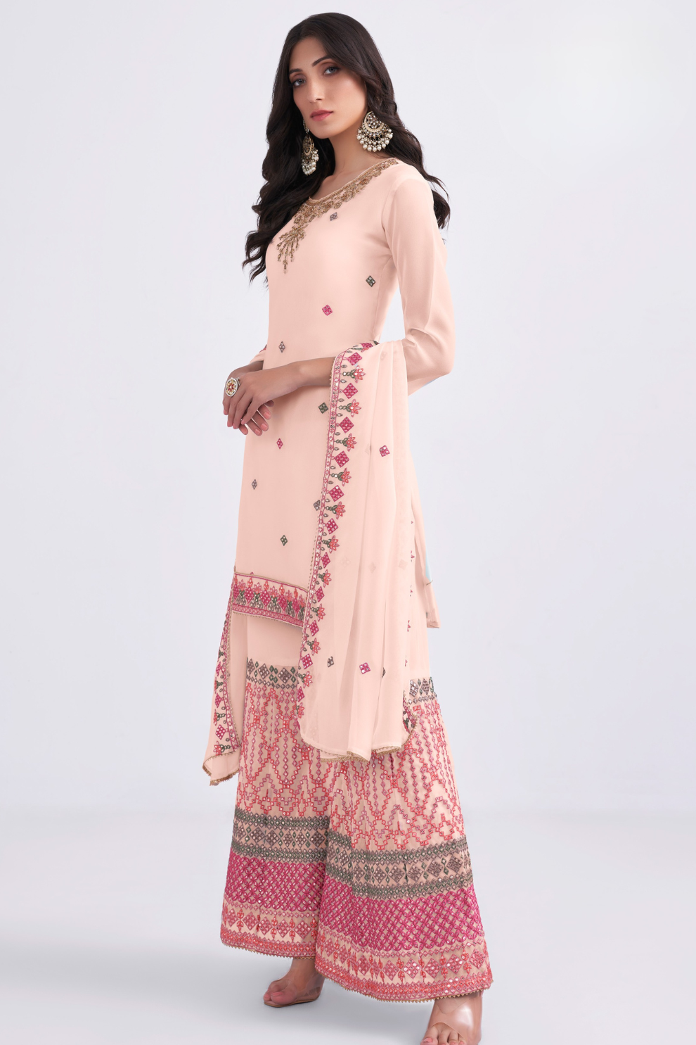 Elegant Peach Thread Embroidered Sharara Suit in Georgette