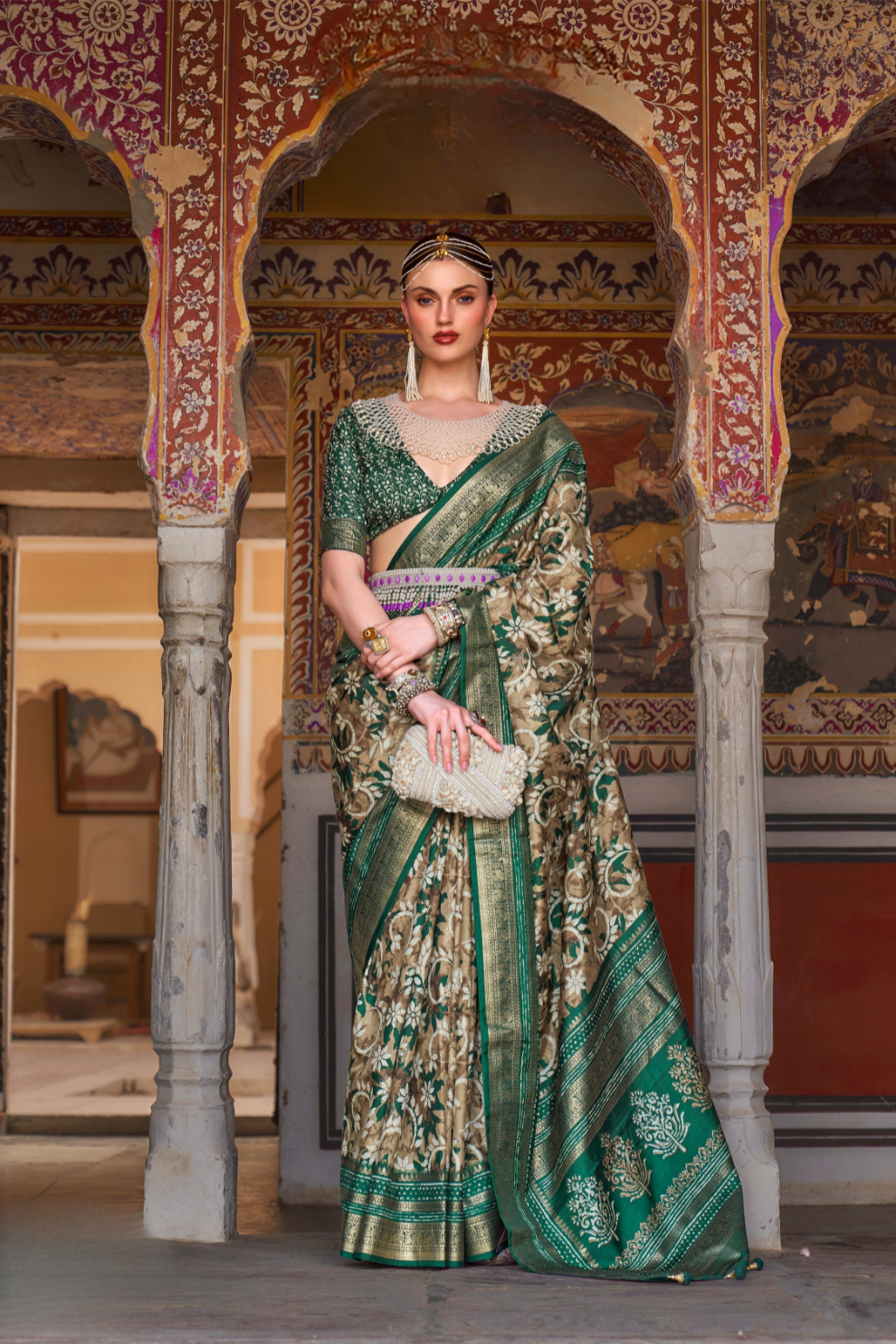 Designer Mercerized Silk Saree with Ajrakh-Batik Fusion and Golden Print