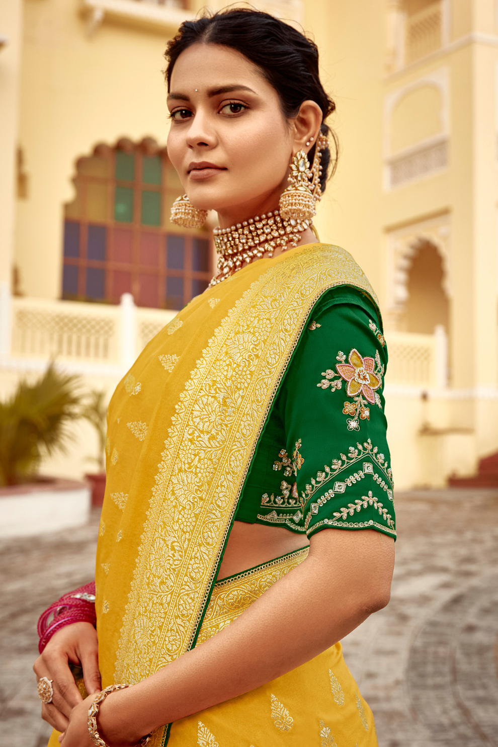 Banarasi Silk Saree with Elegant Contrast Blouse Design