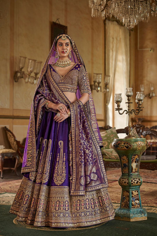 Royal Purple Silk Bridal Lehenga with Double Dupatta Zari Handwork