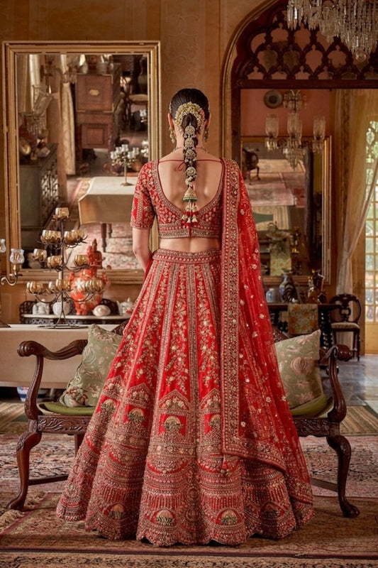 Scarlet Red Silk Bridal Lehenga Scalloped Border Kamarband Elegant
