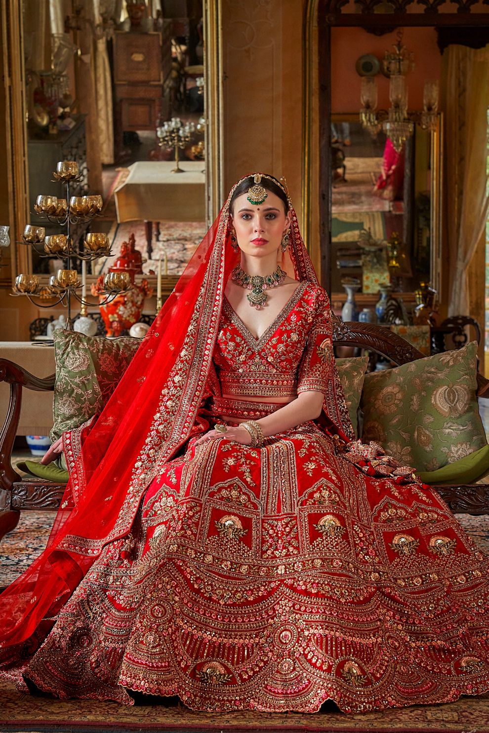 Scarlet Red Silk Bridal Lehenga Scalloped Border Kamarband Elegant