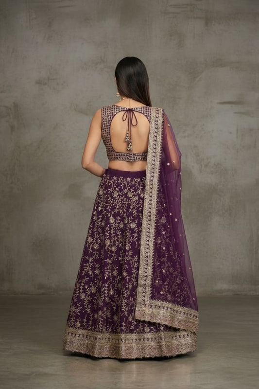 Designer Purple Reception Lehenga with Intricate Vine Embroidery