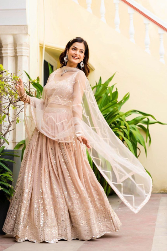Elegant Peach Georgette Embroidered Lehenga Choli Set with Sequin Work