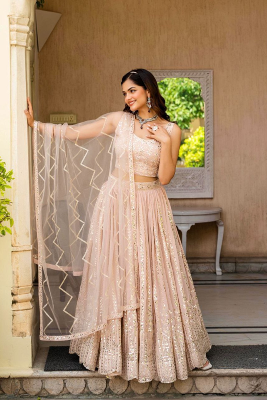 Elegant Peach Georgette Embroidered Lehenga Choli Set with Sequin Work