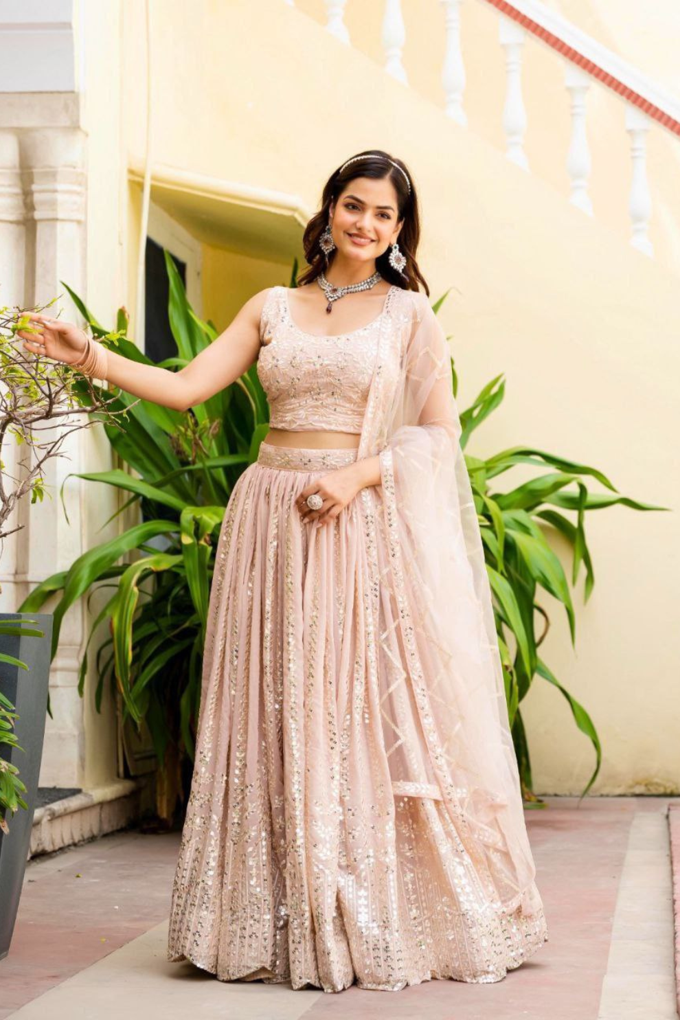 Elegant Peach Georgette Embroidered Lehenga Choli Set with Sequin Work