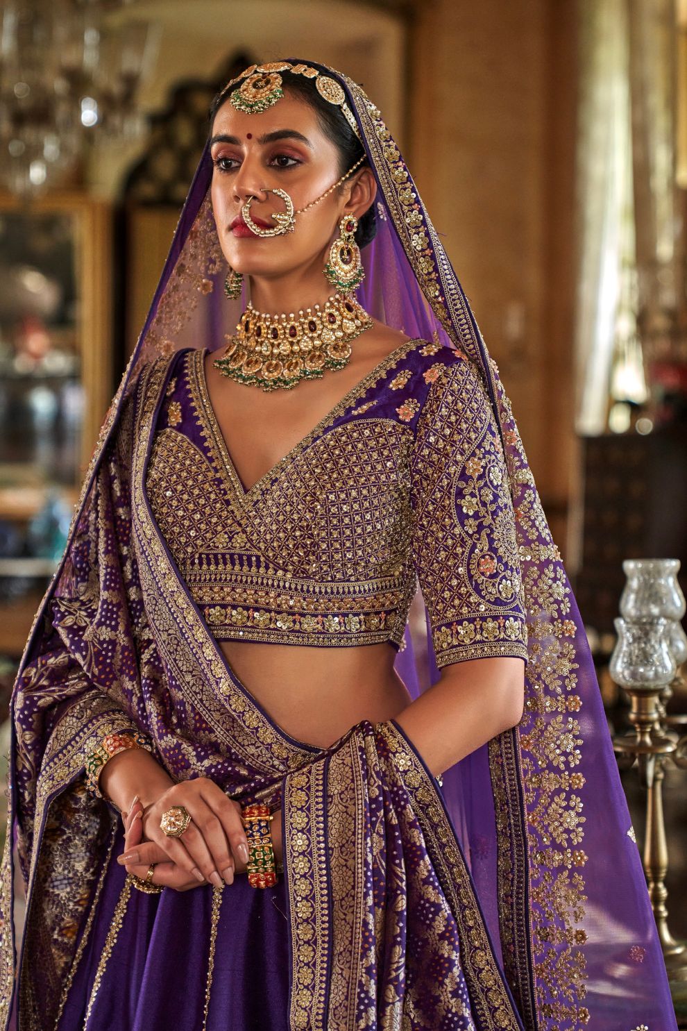 Royal Purple Silk Bridal Lehenga with Double Dupatta Zari Handwork