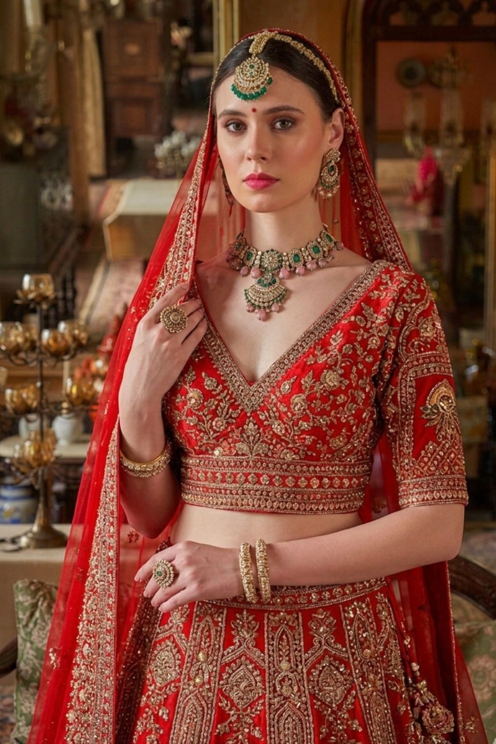 Scarlet Red Silk Bridal Lehenga Scalloped Border Kamarband Elegant