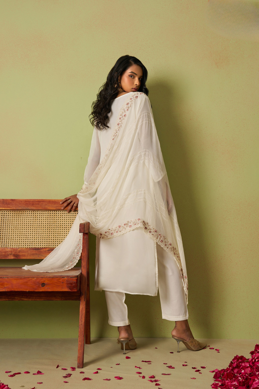 Pure White Organza Suit Set With Elegant Embroidery
