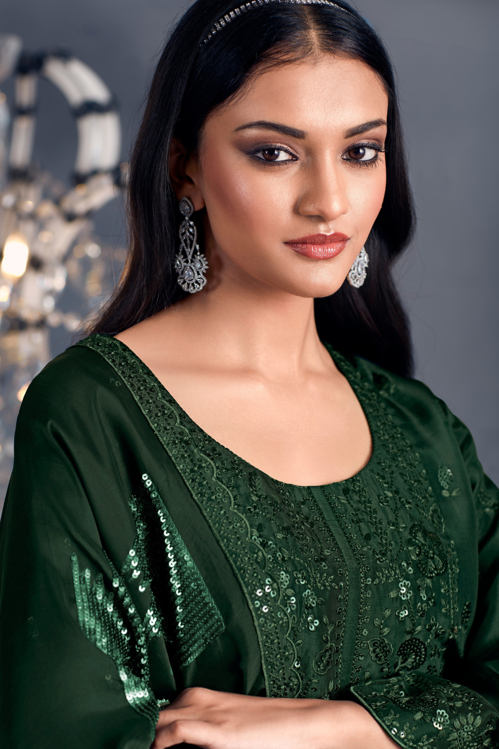 Green Russian Silk Designer Salwar Suit with Tonal Embroidery Elegance