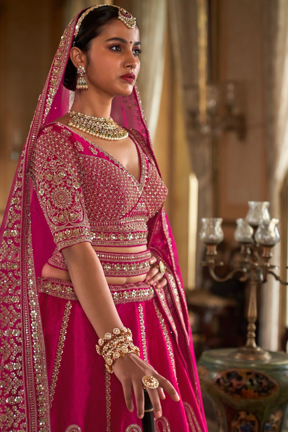 Rani Pink Silk Bridal Lehenga with Double Dupatta Zari Hand Embroidery