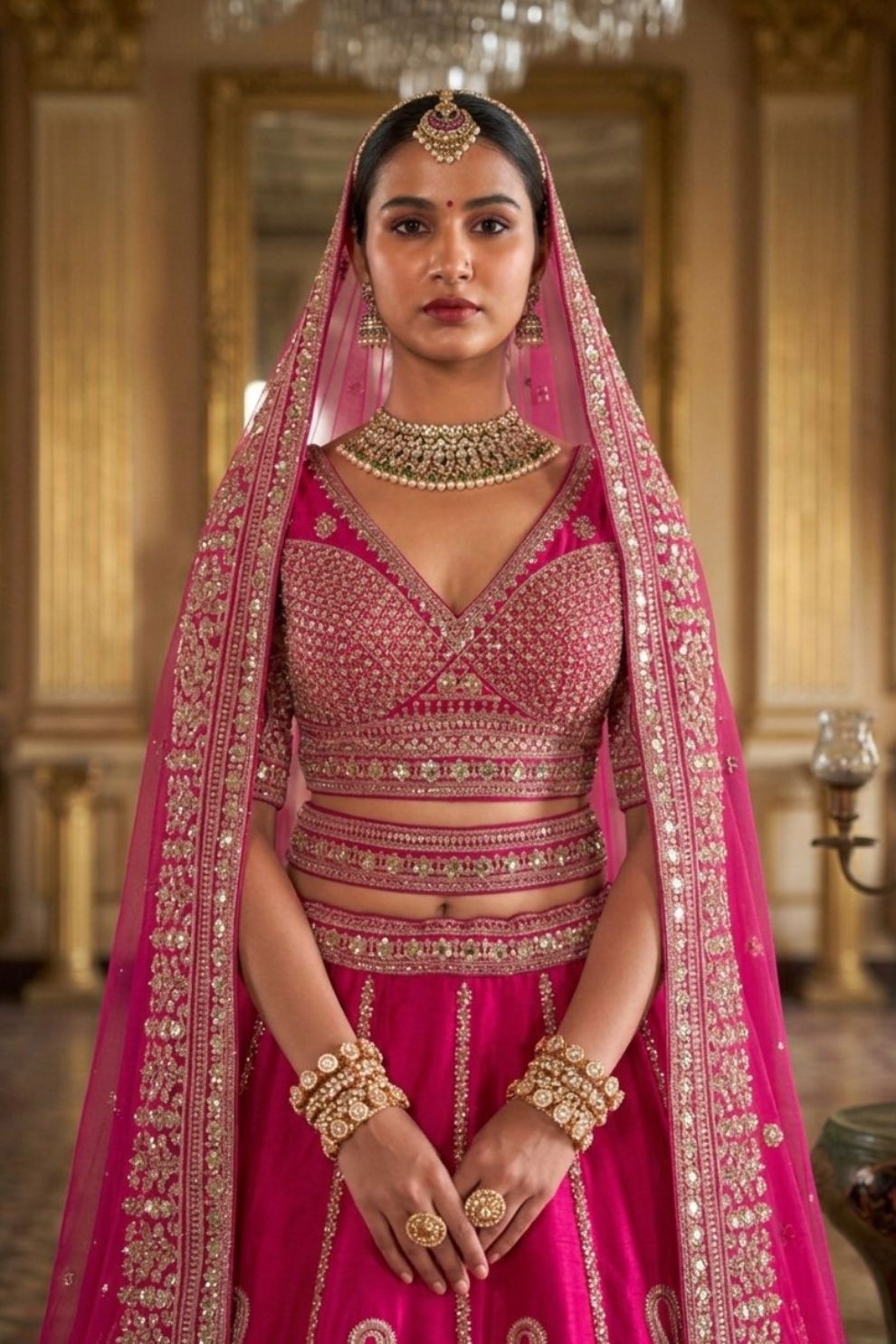 Rani Pink Silk Bridal Lehenga with Double Dupatta Zari Hand Embroidery