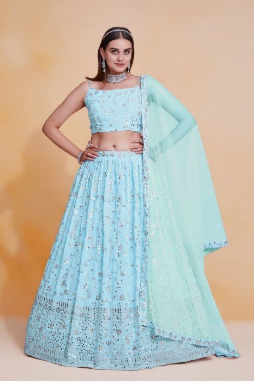 Georgette Thread and Sequins Embroidered Lehenga Choli with Dupatta