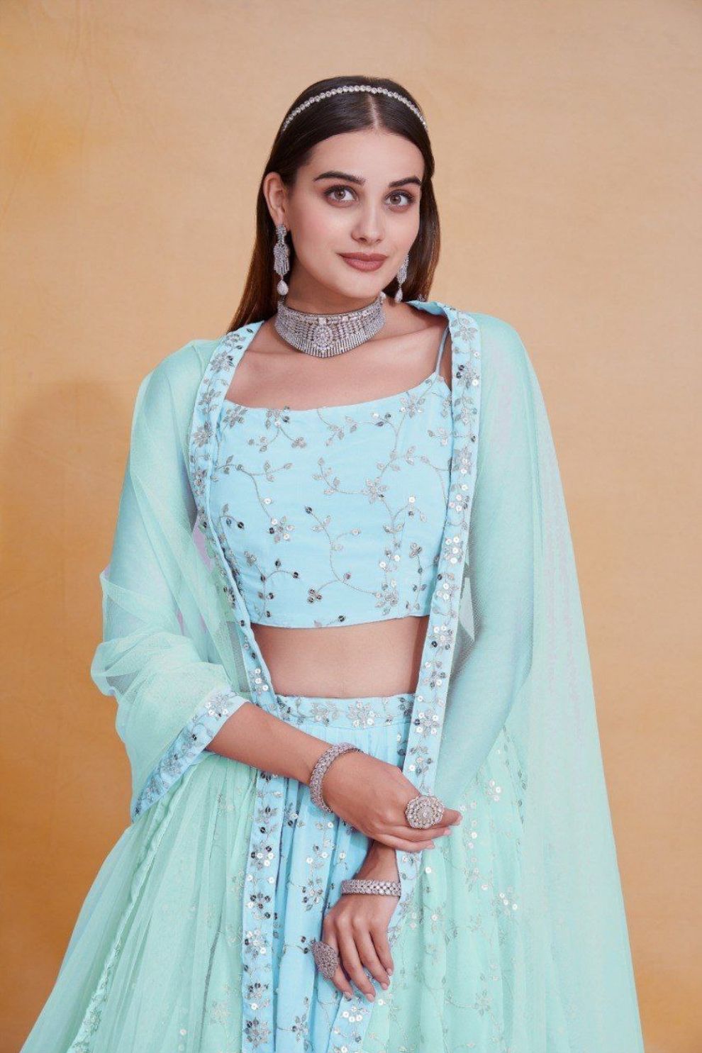 Georgette Thread and Sequins Embroidered Lehenga Choli with Dupatta