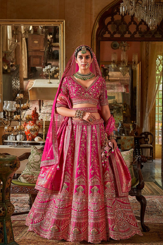 Rani Pink Silk Bridal Lehenga with Embroidered Belt Zardozi Florals