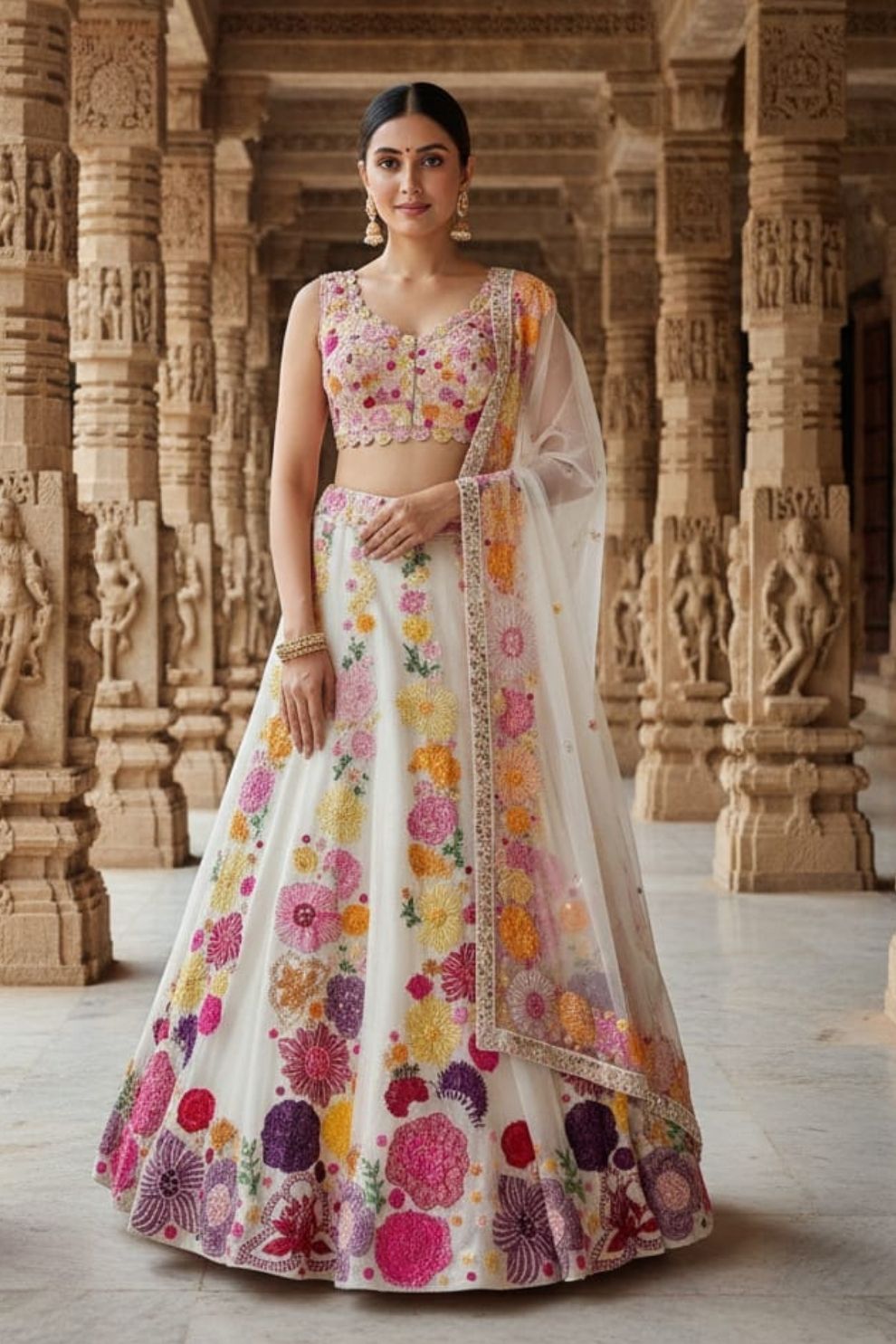 Chinon Multi-Thread & Sequin Embroidered Semi-Stitched Lehenga Choli